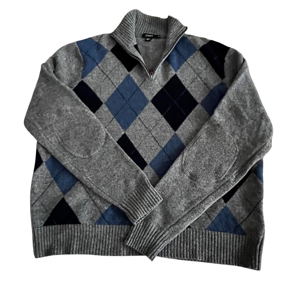 J Crew Argyle 1/4 Zip Wool Sweater, Gray Blue, XL